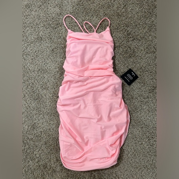 NWT Lulus Confident Allure Light Pink Ruched Lace-Up Bodycon Mini Dress Size L - Picture 2 of 10